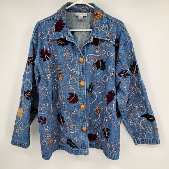 Vintage Dressbarn Leaf Fall Embroidered Grandma Style Cottage Core Jean Jacket 3 - Picture 1 of 9